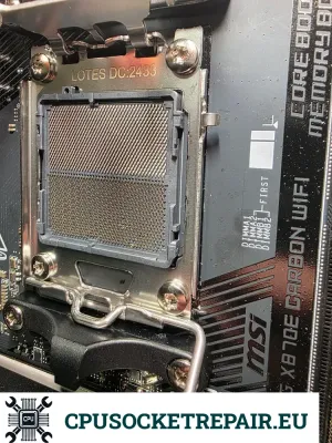 Damaged AM5 CPU socket pins on MSI MPG X870 Carbon motherboard before repair